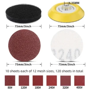 124Pcs Self-adhesive Flocked Sanding Discs Set, Sanding Pads for Electric & Pneumatic Tools, Metal Wood Grinding Polishing Kit